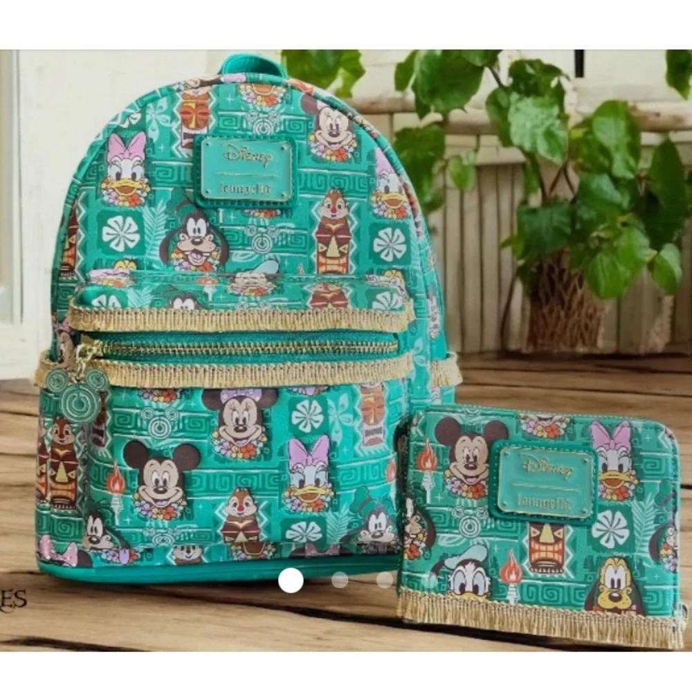 LOUNGEFLY DISNEY MICKEY AND FRIENDS TIKI AOP Mini Backpack and Wallet Bundle